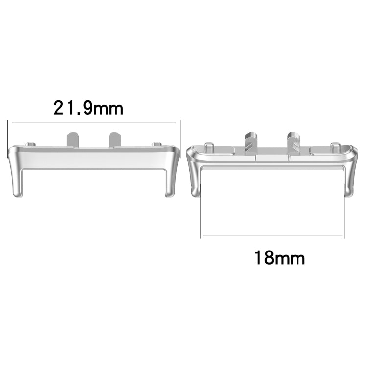 Silver metal watch band connector pair with dimensions: 21.9mm wide, 18mm long