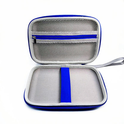 Portable storage bag for building blocks, open mesh lid with blue trim and zipper