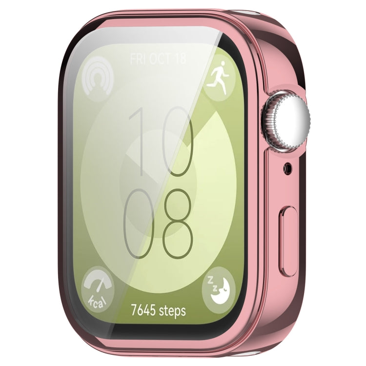 Pink full-coverage protective watch case with clear screen cover and side button openings