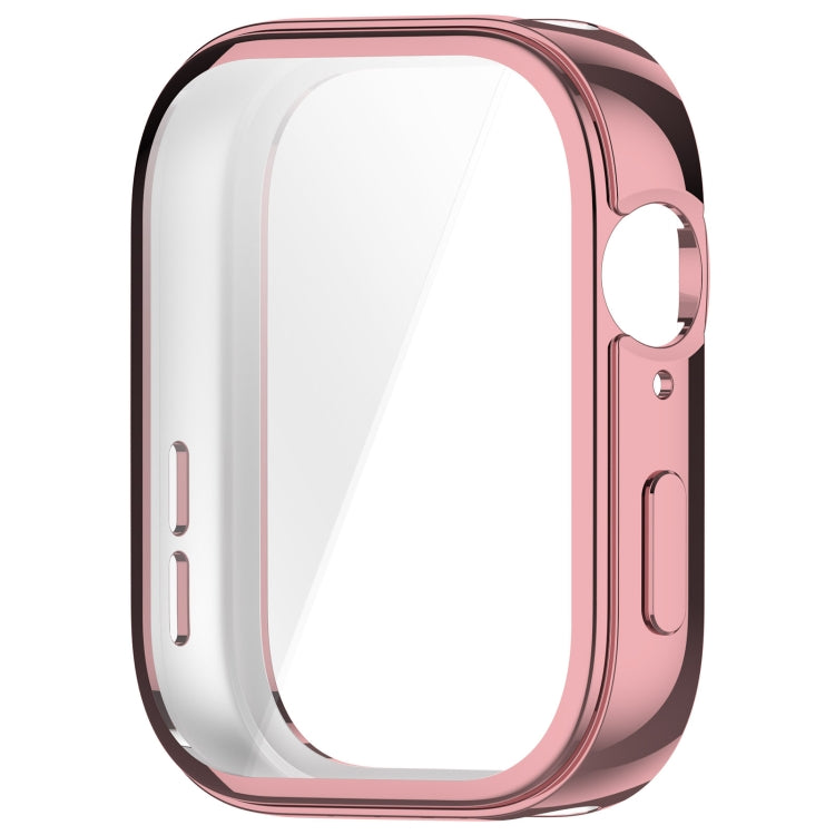 Pink protective watch case shown from the back, with a clear screen cover and control cutouts