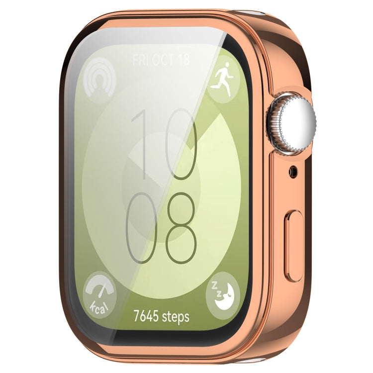 Rose gold full-coverage protective watch case with clear screen cover and side button openings