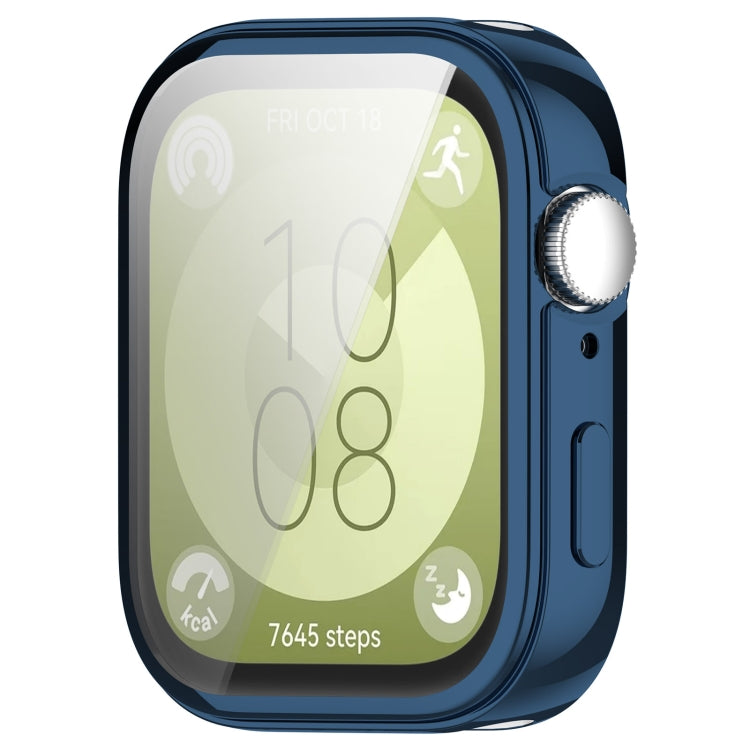 Midnight blue full-coverage protective watch case with clear screen cover and side button openings