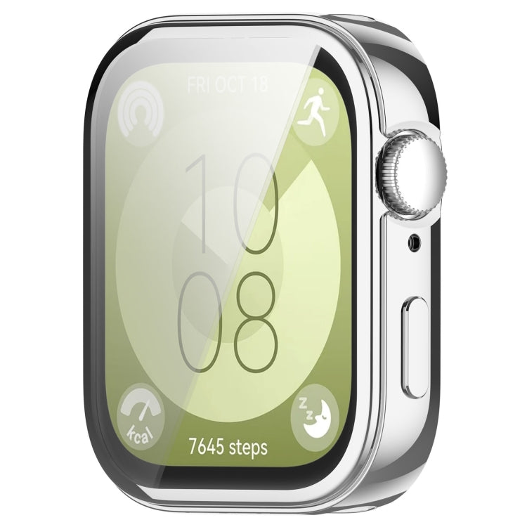 Full-coverage silver watch case with raised screen edge and openings for the crown and side button