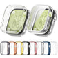 Clear TPU watch case shown fitted and detached, with multiple color options below