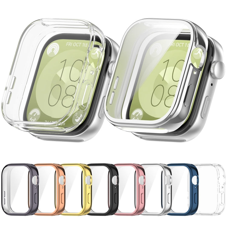 Clear TPU watch case shown fitted and detached, with multiple color options below