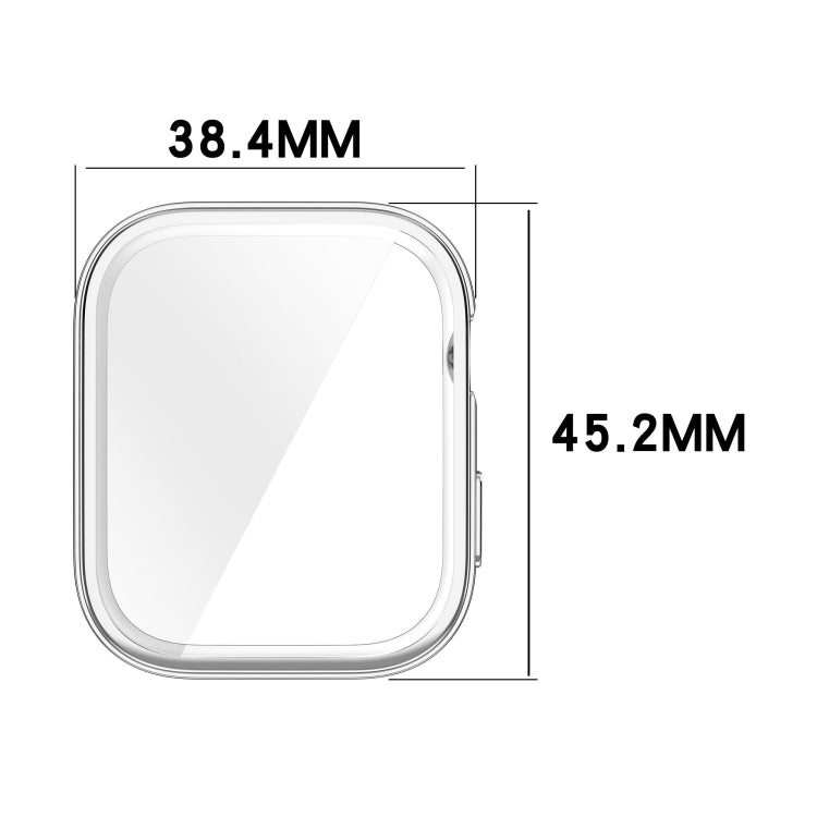 Transparent full-coverage watch case, front view, with 38.4 by 45.2 mm dimensions