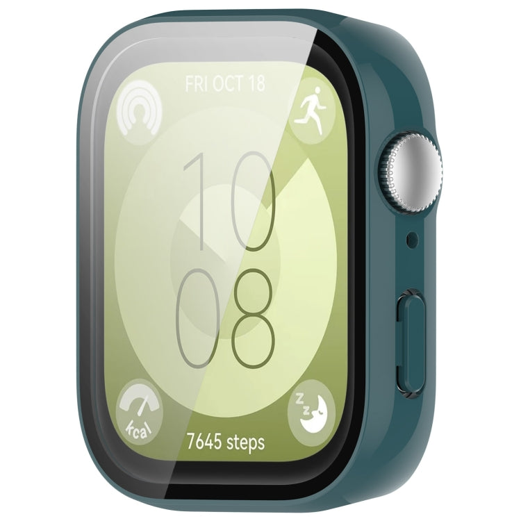 Dark green Huawei Watch Fit 3 protective case with integrated screen protector, shown on watch