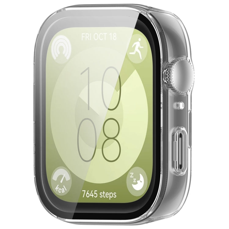 Clear Huawei Watch Fit 3 protective case with integrated screen protector, shown on watch