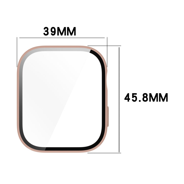 Matte pink watch protective case with built-in screen protector, measuring 39 by 45.8 mm