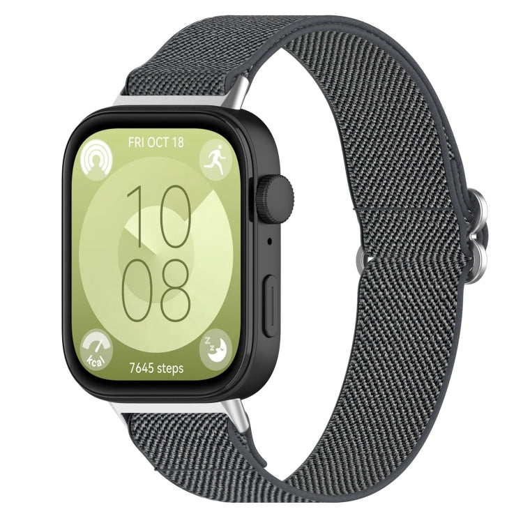 Dark gray elastic nylon watch band for Huawei Watch Fit 3, shown attached to a smartwatch.
