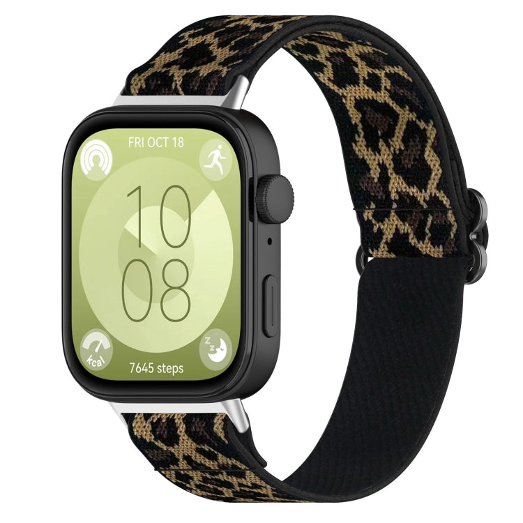 Leopard-print elastic nylon watch band for Huawei Watch Fit 3, attached to a smartwatch.