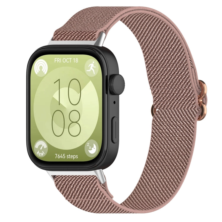 Rose pink elastic nylon watch band for Huawei Watch Fit 3, attached to a smartwatch.