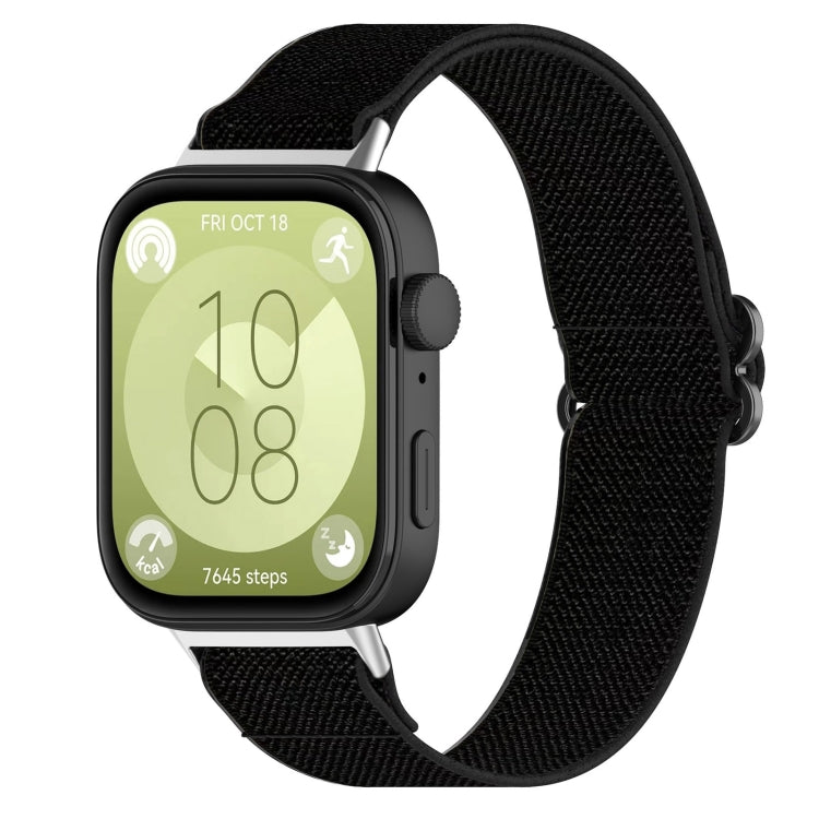 Black elastic nylon watch band for Huawei Watch Fit 3, attached to a smartwatch.