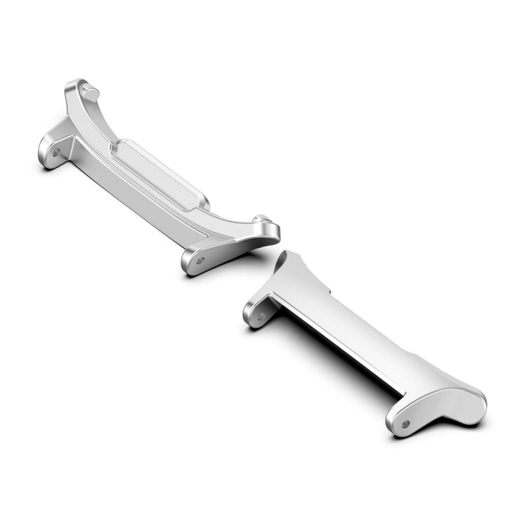 Pair of silver metal watch band connectors, shown at an angle