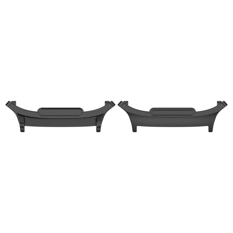 Pair of black stainless steel watch band connectors, shown from the front