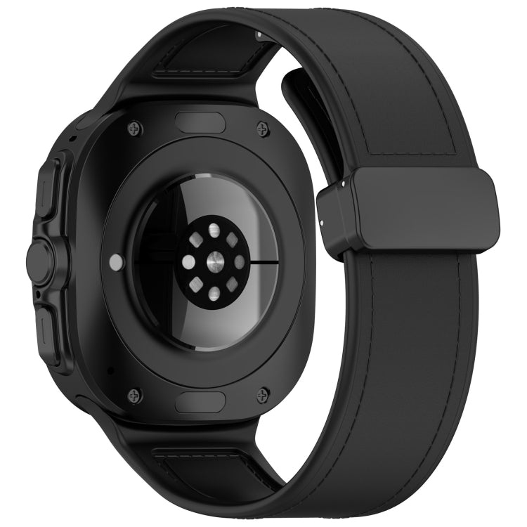 Black watch band on a smartwatch, showing the rear sensor and folding buckle