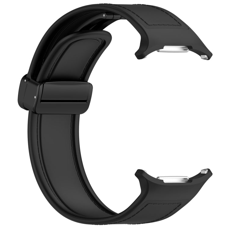 Reverse view of a black magnetic folding-buckle watch band without a watch