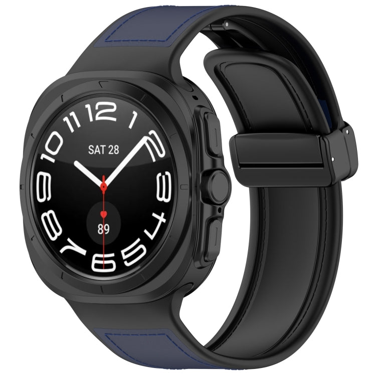 Dark blue magnetic folding-buckle watch band shown attached to a smartwatch