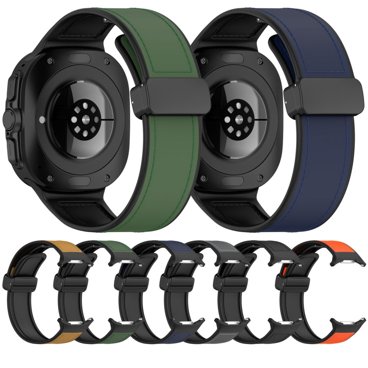 Magnetic folding-buckle watch band in green, blue, black, gray, orange, and brown.