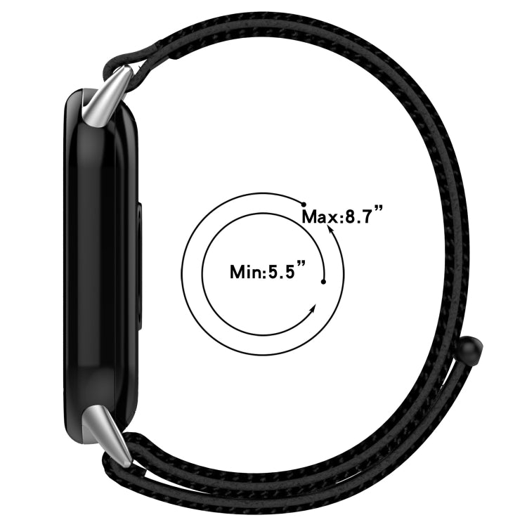 Black nylon watch band fitted to a tracker, with a 5.5 to 8.7 inch wrist range
