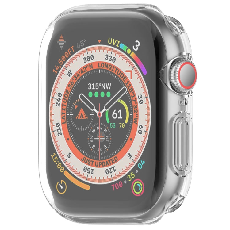 Clear full-coverage TPU Apple Watch case with watch face visible
