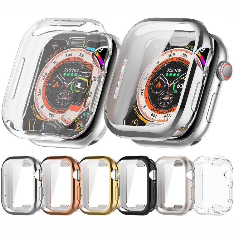 Apple Watch TPU cases shown on a watch and in six color options