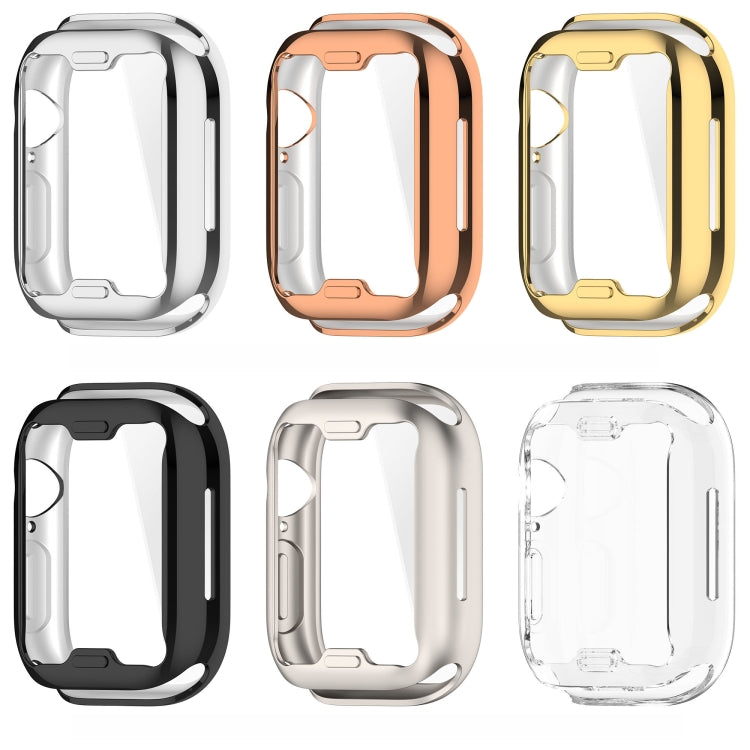 Six TPU Apple Watch cases shown from the back, including clear and plated finishes