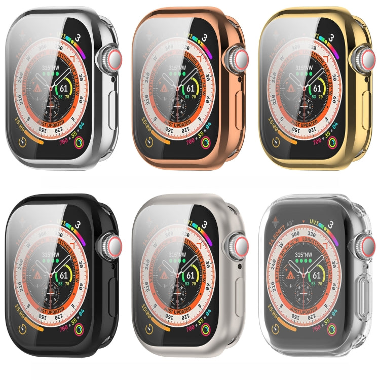 Six plated and clear TPU Apple Watch cases shown on watches