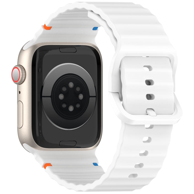 White wavy-grain silicone watch band with buckle, shown on a smartwatch's rear.