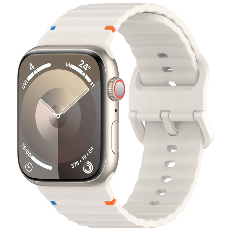 White silicone Apple Watch band with wavy grain texture and adjustable holes