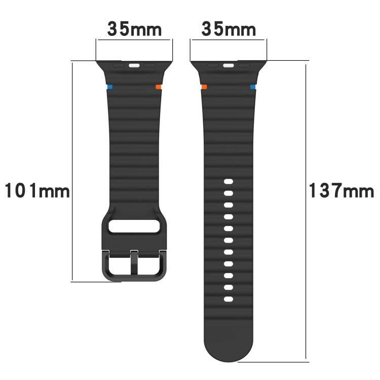 Black wavy-grain silicone watch band with buckle and longer strap measurements