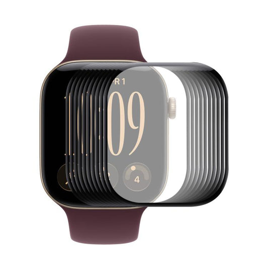 Apple Watch screen protectors shown stacked over a watch face