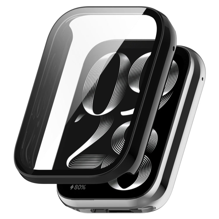 Black protective watch case with tempered glass screen cover, shown beside a Xiaomi Smart Band 9 Pro