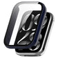 Ink blue protective watch case with tempered glass screen cover, shown beside the band