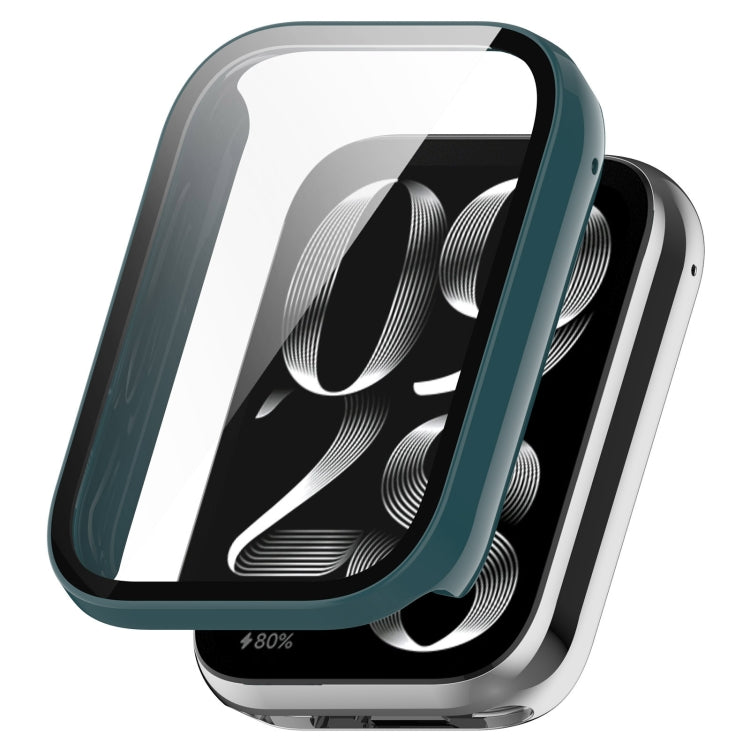 Pine green protective watch case with tempered glass screen cover, shown beside the band