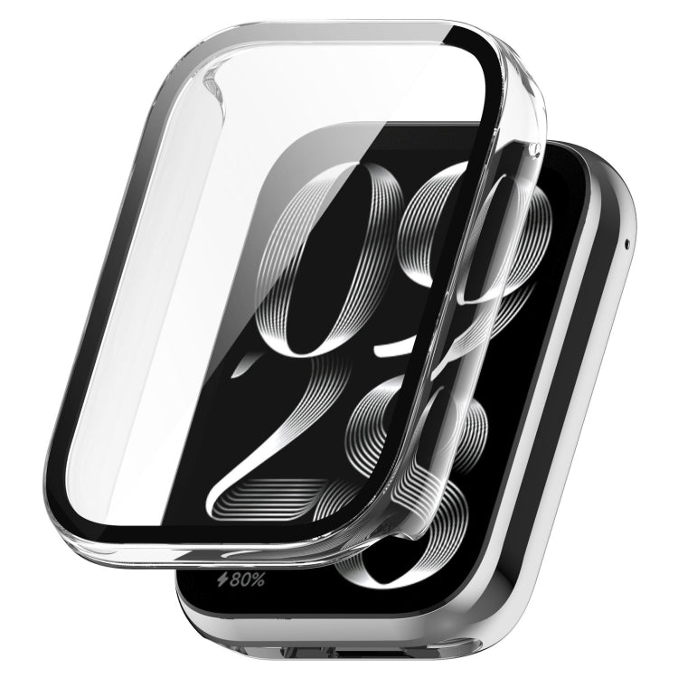 Transparent protective watch case with integrated screen cover, shown beside the band