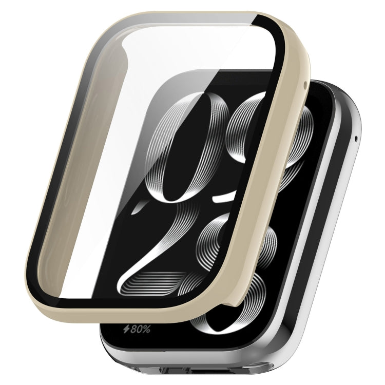 Ivory white protective watch case with tempered glass screen cover, shown beside the band