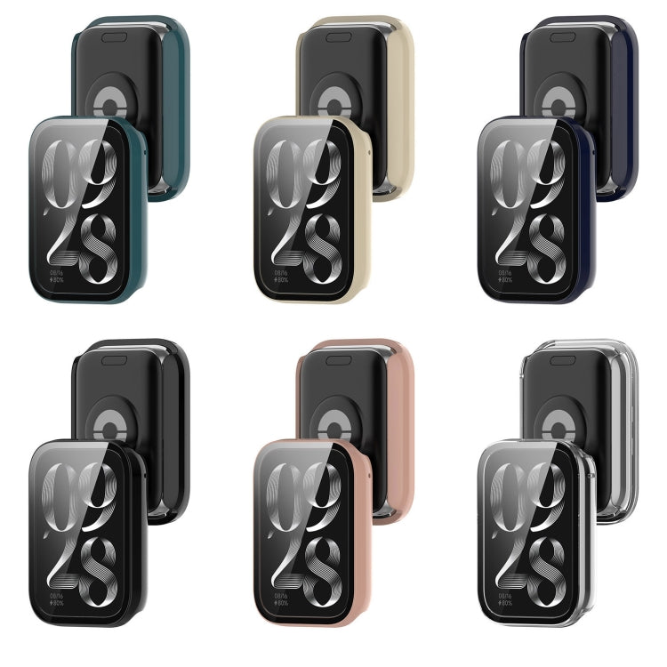 Protective smartwatch cases in six colors, shown on front and back of a smart band.