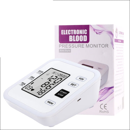 Upper arm blood pressure monitor with digital LCD screen and control buttons