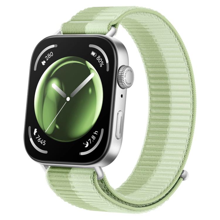 Pale green nylon loop watch band shown attached to a smartwatch