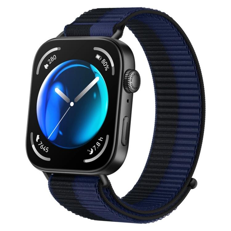 Navy nylon loop watch band shown attached to a smartwatch
