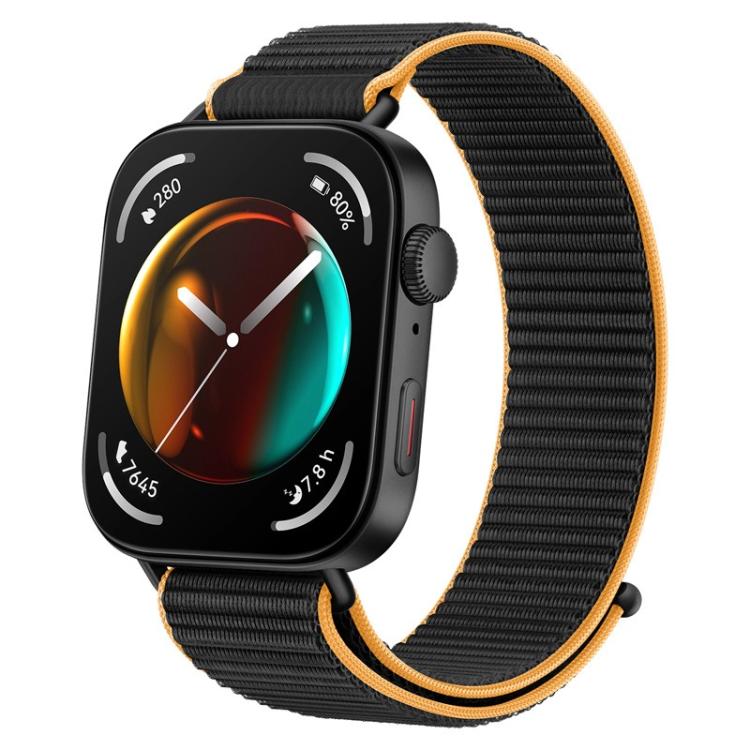 Black nylon loop watch band with orange trim shown attached to a smartwatch