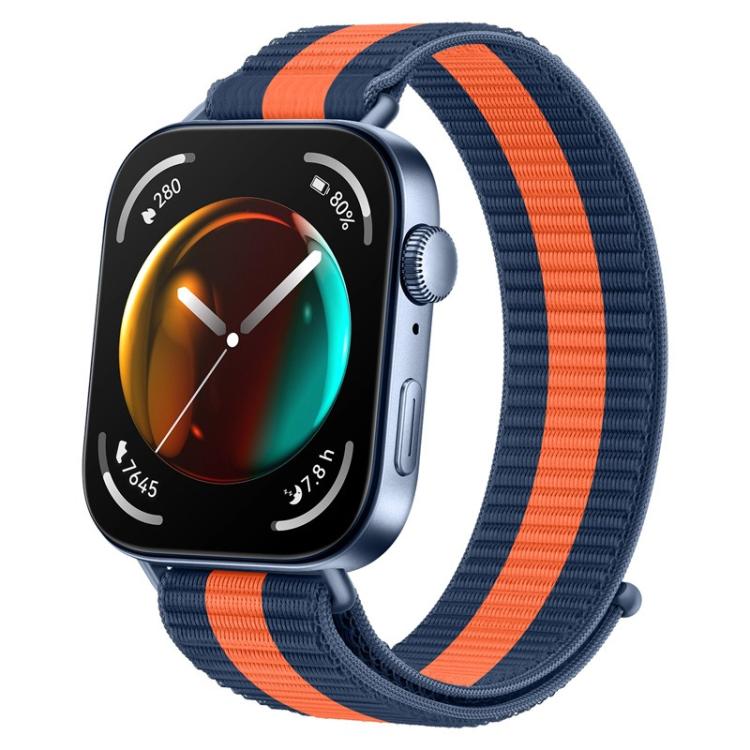 Nylon loop watch band in navy with orange stripe, shown attached to a smartwatch