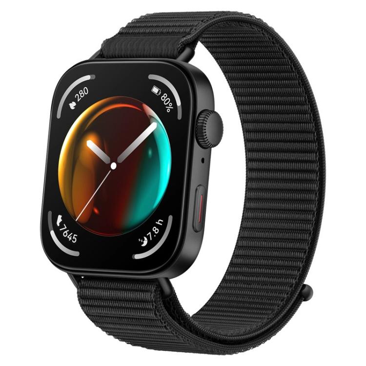 Black nylon hook-and-loop watch band with a fine ribbed weave
