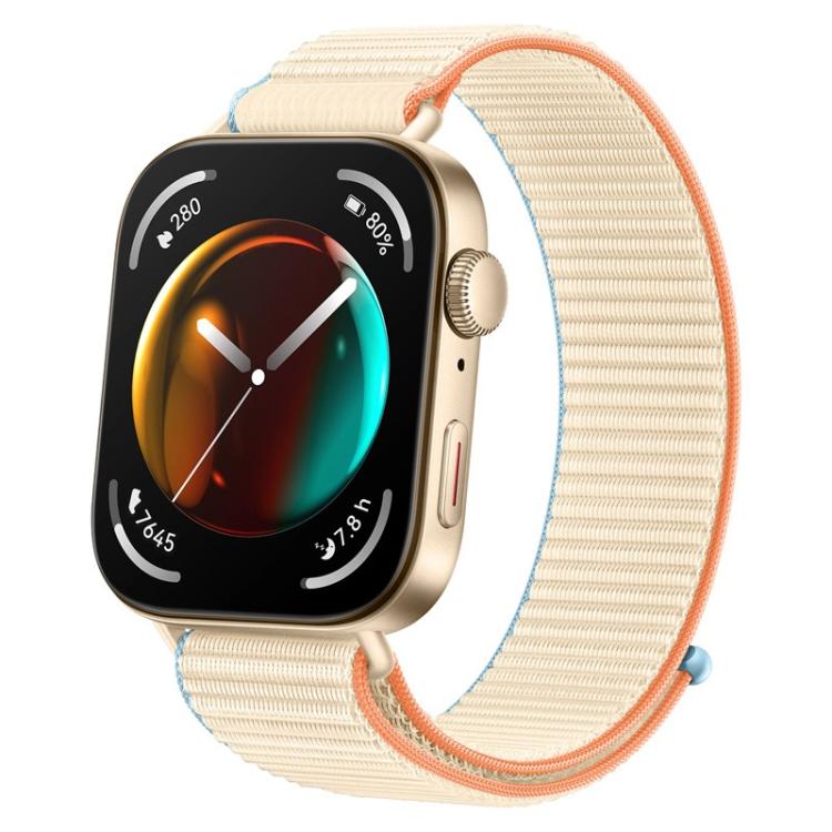 Cream nylon watch band with orange edging and blue accents