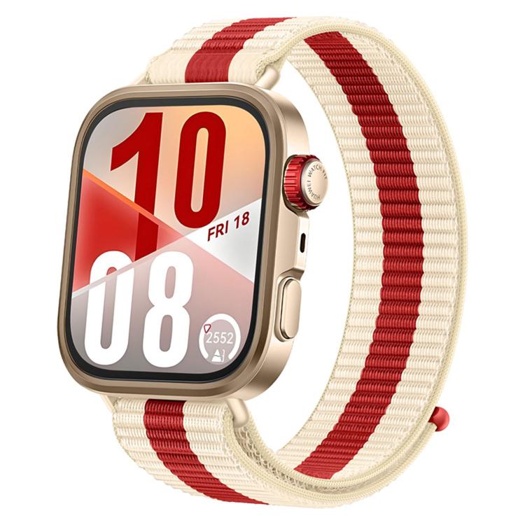 Cream nylon watch band with a red center stripe