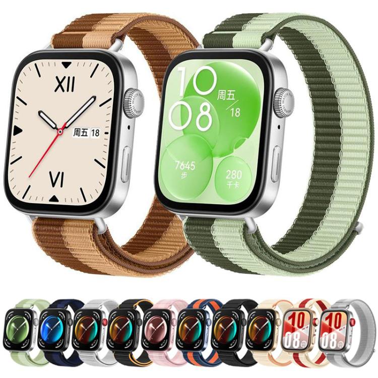 Nylon loop watch bands in brown and pale green shown on two smartwatches