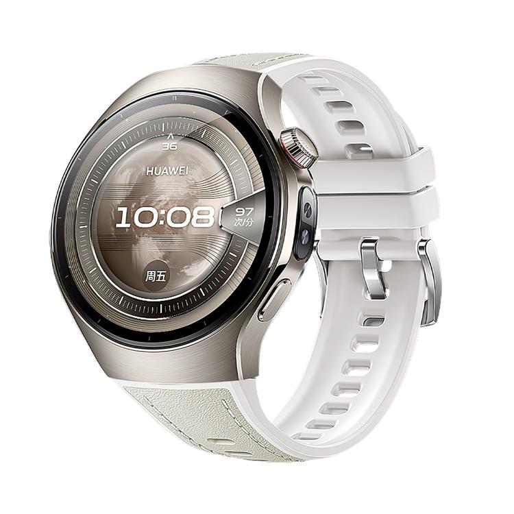 White Huawei Watch hybrid silicone and leather band shown on watch with buckle and adjustment holes
