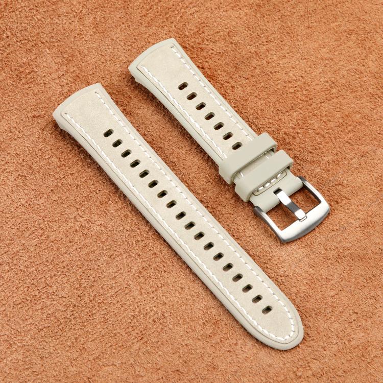 White hybrid silicone and leather watch band in two pieces with stitched edges and metal buckle
