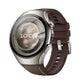 Huawei Watch hybrid silicone and leather band in brown, shown on watch with buckle and adjustment holes
